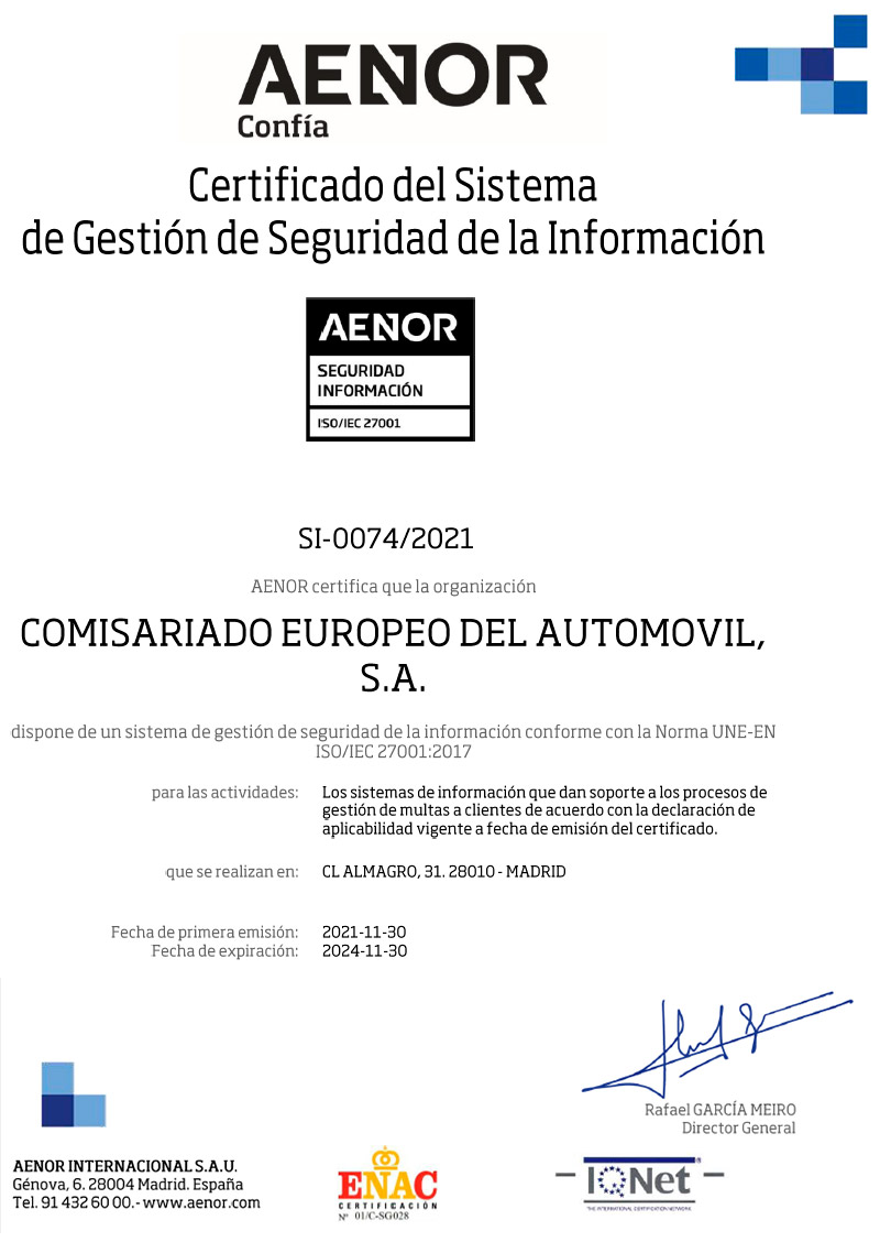 Certificación ISO 27001 del sistema de gestión de seguridad de la información